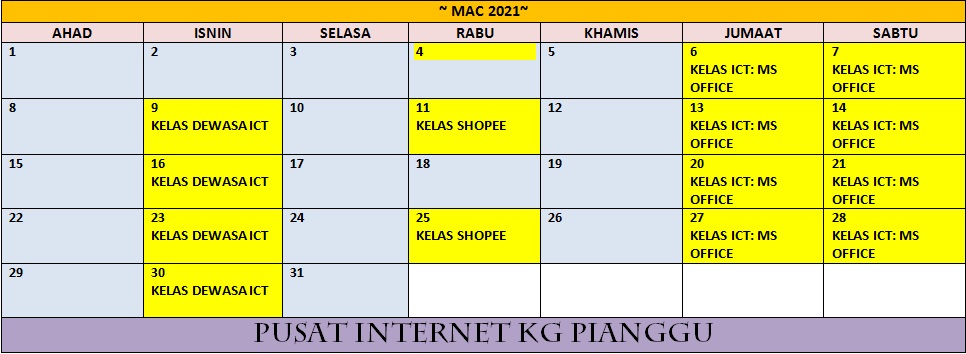 Jadual Aktiviti Mac 2021 Nadi Kg Pianggu
